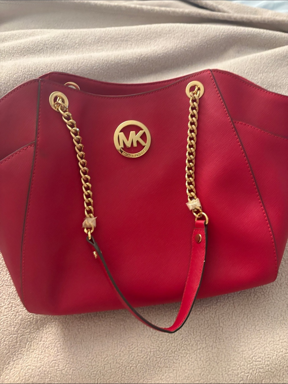 Michael Kors Red Tote with Gold Chain Straps